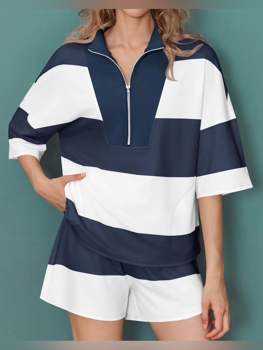 Women's Athletic Stripe Shorts & Quarter Zip Two Piece Set